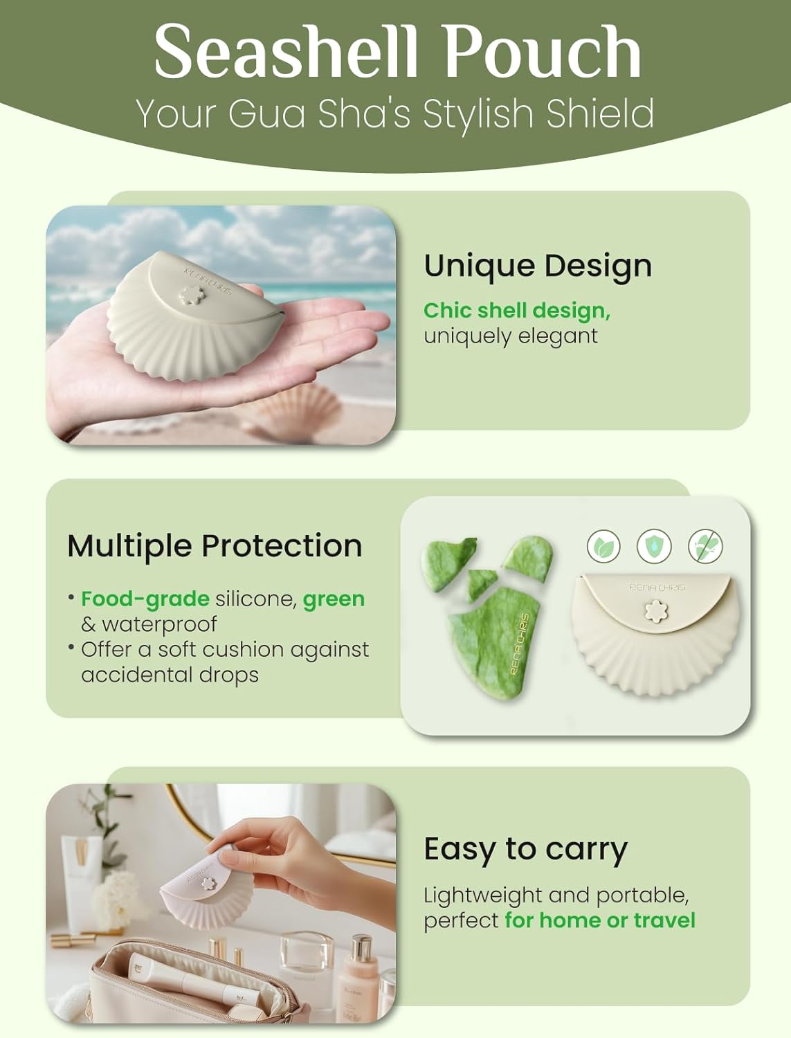 Rena Chris Gua Sha Facial Tools, Xiuyan Jade Stone Guasha Tool for Face Massage, Manual Facial Massager Tool for Jawline Sculpting and Puffiness Reduction with Silicone Case (Green)