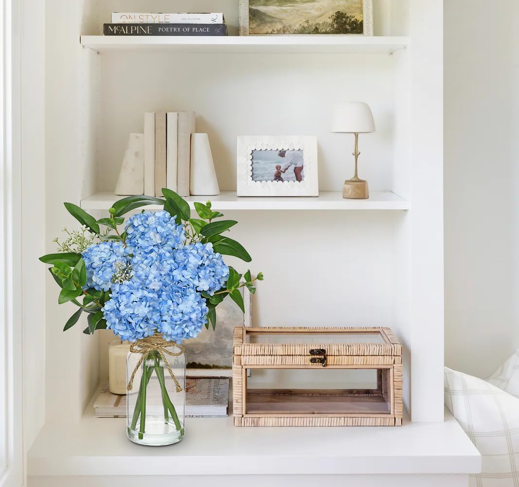 Hollyone Blue Hydrangea Artificial Flowers in Clear Glass Vase with Faux Water Silk Hydrangeas Fake Flowers Floral Arrangement for Home Bathroom Kitchen Office Table Centerpiece Shelf Decorations