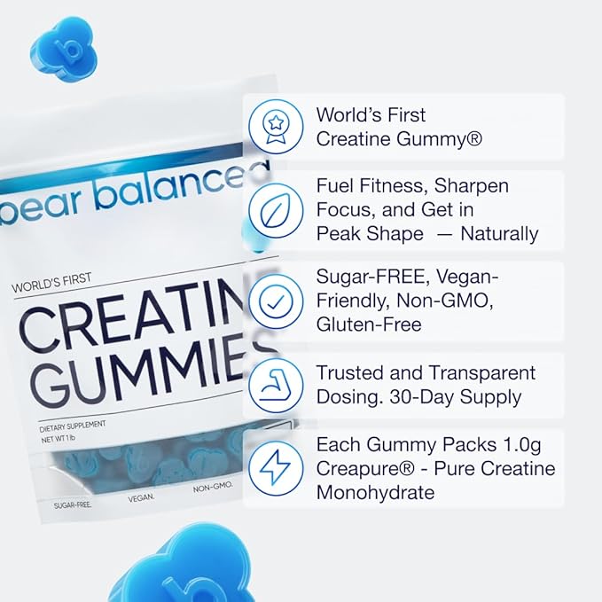 Creatine Gummies for Men & Women - Creapure® Creatine Monohydrate, L-Theanine, L-Tyrosine & B12 for Muscle Growth, Strength, Focus, Energy & Health - Low Calorie, Sugar-Free, & Vegan