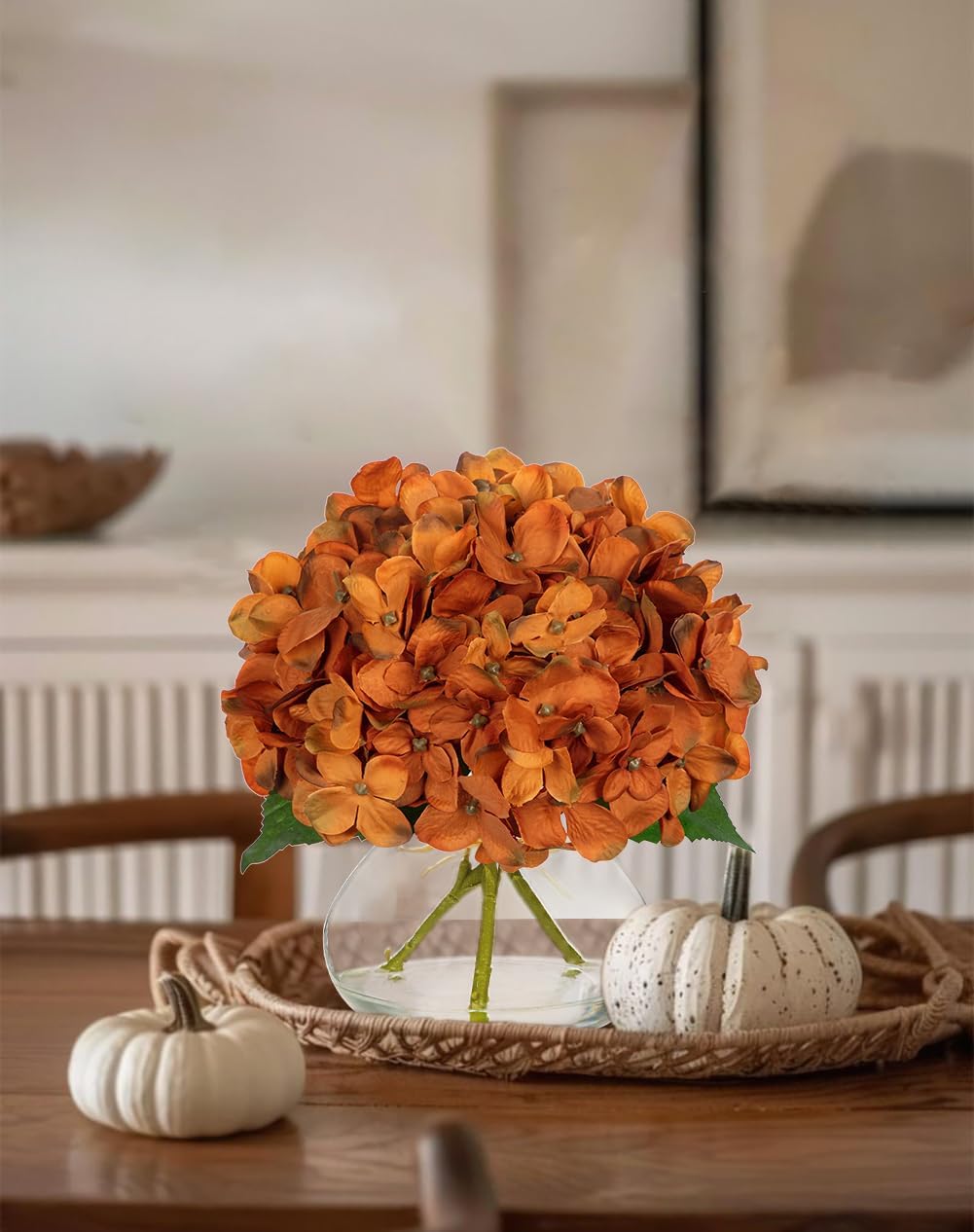 Hollyone Dark Orange Fall Hydrangea Artificial Flowers for Decoration with Glass Vase Silk Faux Flower Arrangements with Faux Water Fake Bouquet Table Centerpiece Vase with Flowers Autumn Home Decor
