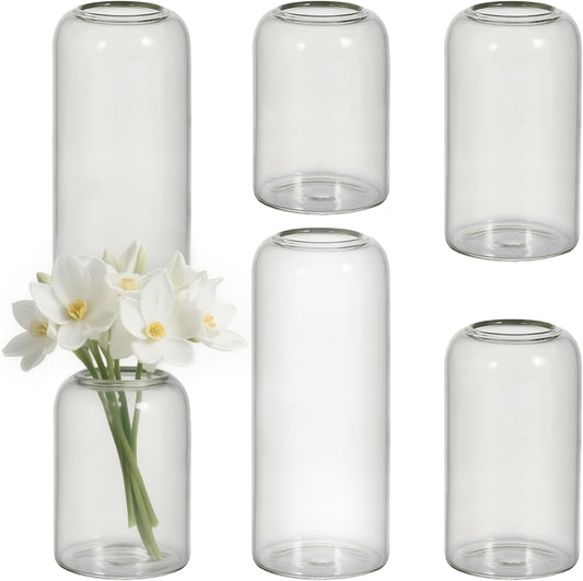 Glass Bud Vases Set of 6 Clear Flower Vase for Centerpieces Shelf, 3.9'' 4.9'' 6.7'' Modern Small Vases for Living Room Bedroom Office Home, Decor for Wedding House Warming Party