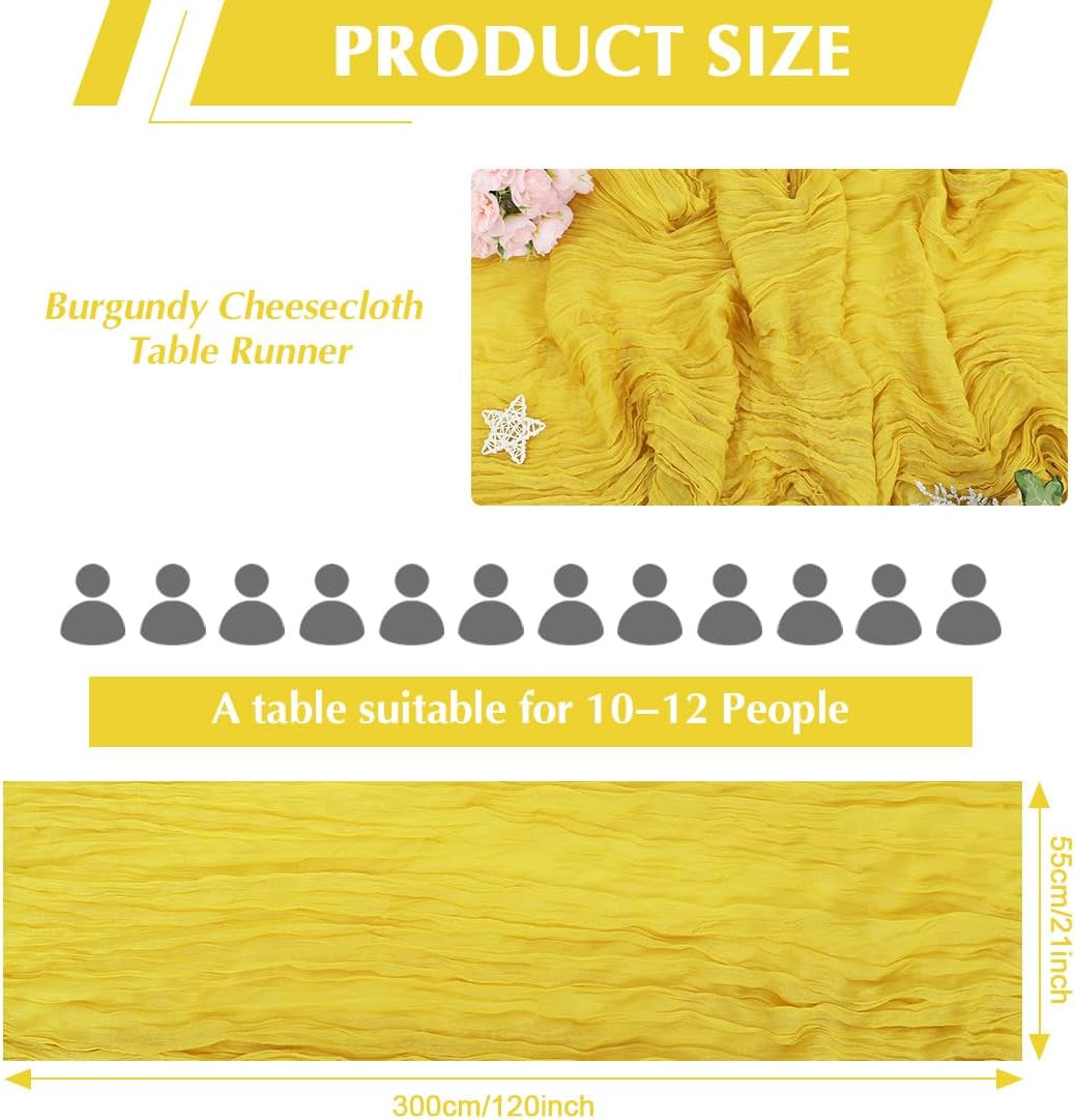 10 Pack Yellow Cheesecloth Table Runner -21*120Inch Long Boho Wedding Table Decor, Rustic Gauze Fabric Runner for Bridal Showers, Baby Showers & Parties (Sheer, Lightweight, Wrinkled Design)