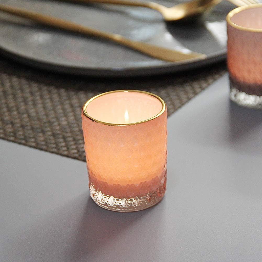 SHMILMH Pink Votive Candle Holders Set of 24, Pink Christmas Table Centerpiece Glass Tealight Holders Bulk with Gold Rim, Tea Candle Holder for Birthday Wedding Decor