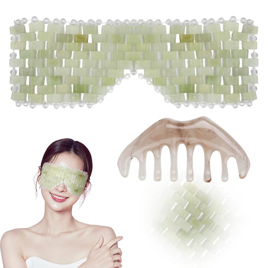 2 Pcs Jade Eye Mask and Scalp Massage Comb Set, Natural Jade Stone Hot & Cooling Eye Mask for Puffy Eyes & Help Soothe Eye Fatigue, Resin Scalp Massager Tool for Relaxation and Head Care
