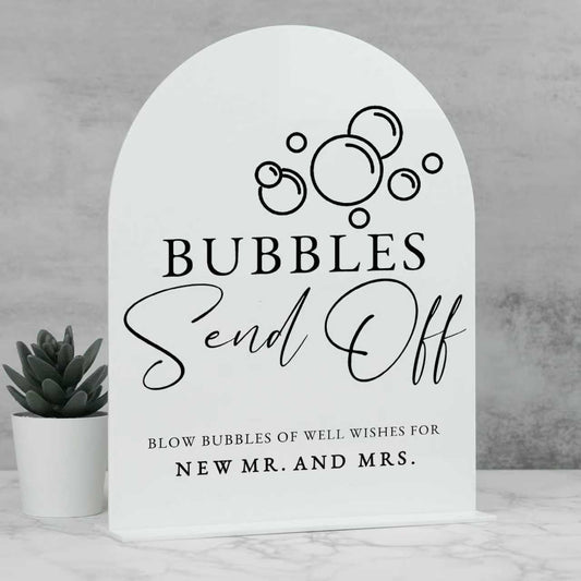 White Arch Acrylic Wedding Sign- 8"x10" Bubbles Send Off Sign and Base,1/8" Thick | Modern Calligraphy Arched Acrylic Signs for Wedding & Party