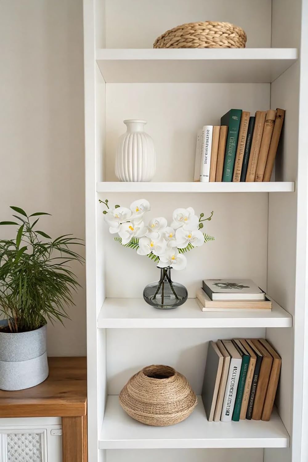 White Orchids Artificial Flowers with Vase, Small Faux Orchid Arrangement Fake Flower in Woven Glass Vase Black and White Decor Small White Centerpieces for Kitchen Dining Room Tables Bathroom Decor