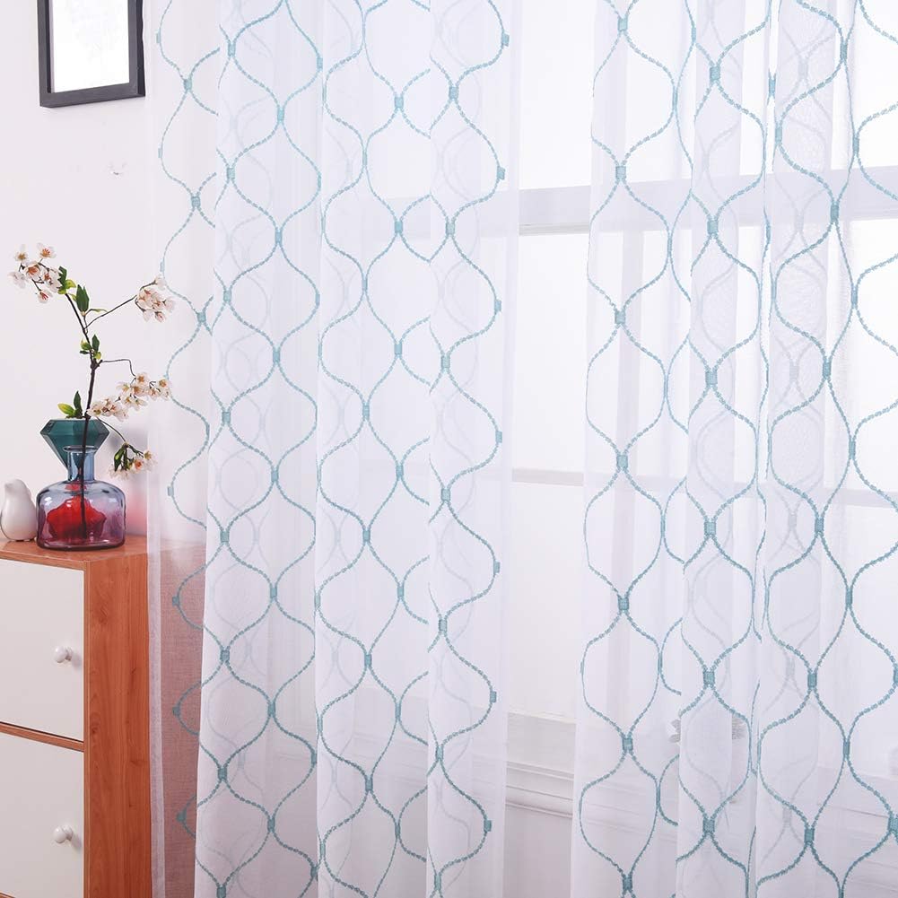 Embroidery Sheer Curtains Blue 95 Inches Long, Window Treatments Rod Pocket Drapes for Living room, Bedroom, Wave Diamond Crinkle Voile Curtain Panels for Yard, Villa, Parlor, Set of 2, 52"x 95".