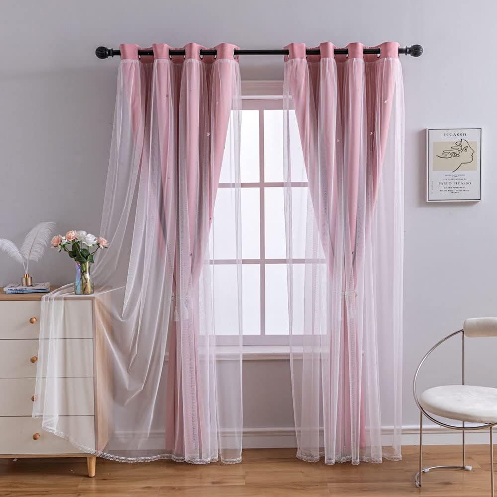 FANLI 2 Panels Star Blackout Curtains for Kid Girls Bedroom Living Room Darking Stripe Double Layer Star Cut Out Wall Home Decor Gradient Grommet Window Curtains (Pink 63L)
