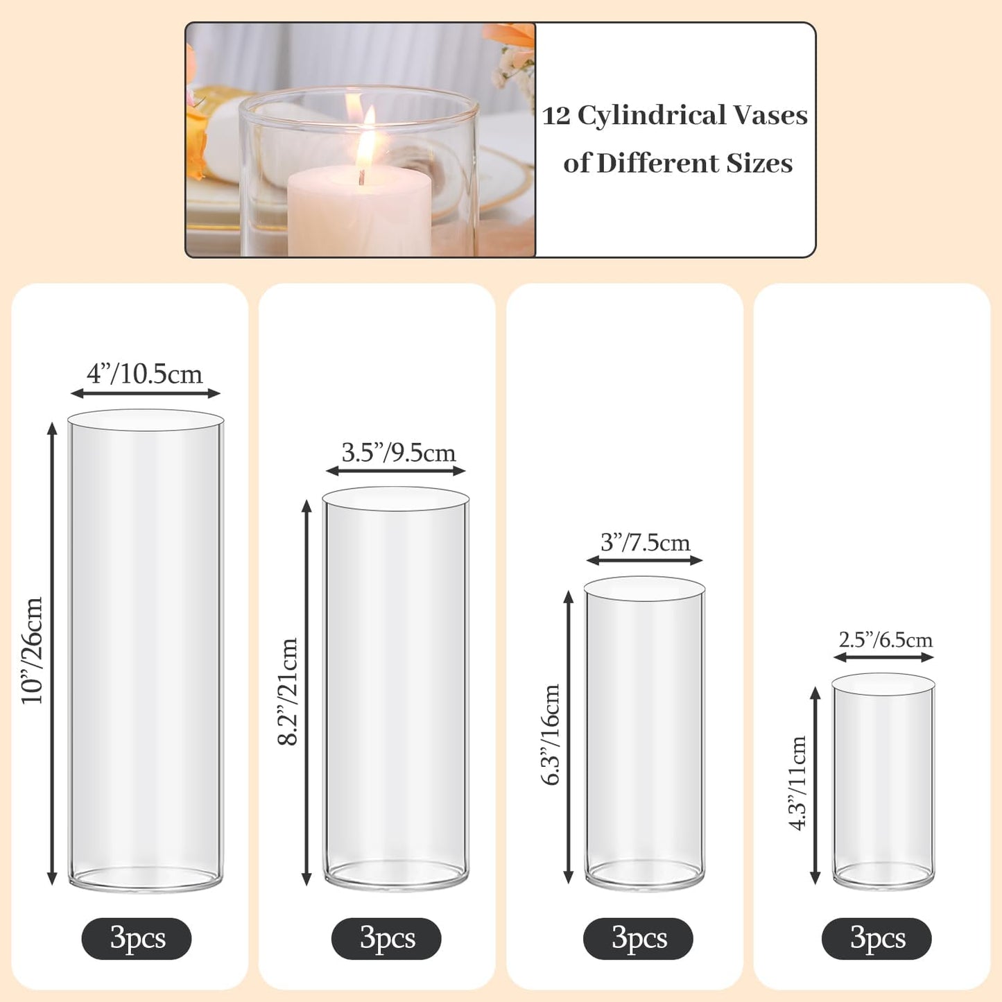 12 PCS Clear Cylinder Vases for Centerpieces | 4, 6, 8,10 Inch Tall Flower Vase for Wedding Decorations, Clear Floating Candle Vases in Bulk, Hurricane Candle Holders for Table, Home Décor