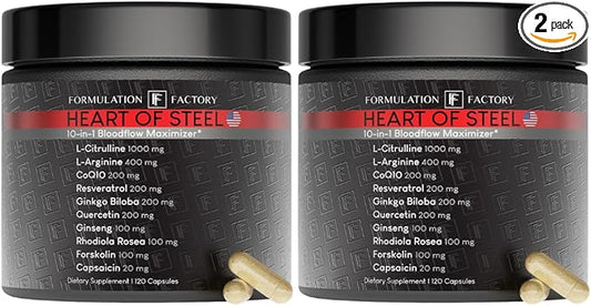Heart of Steel: 10-in-1 Metabolic Maximizer Nitric Oxide Supplement, Blood Pressure Support, L Arginine, L Citrulline Natural Pre-Workout: Energy Management 240 Count (2 Pack)