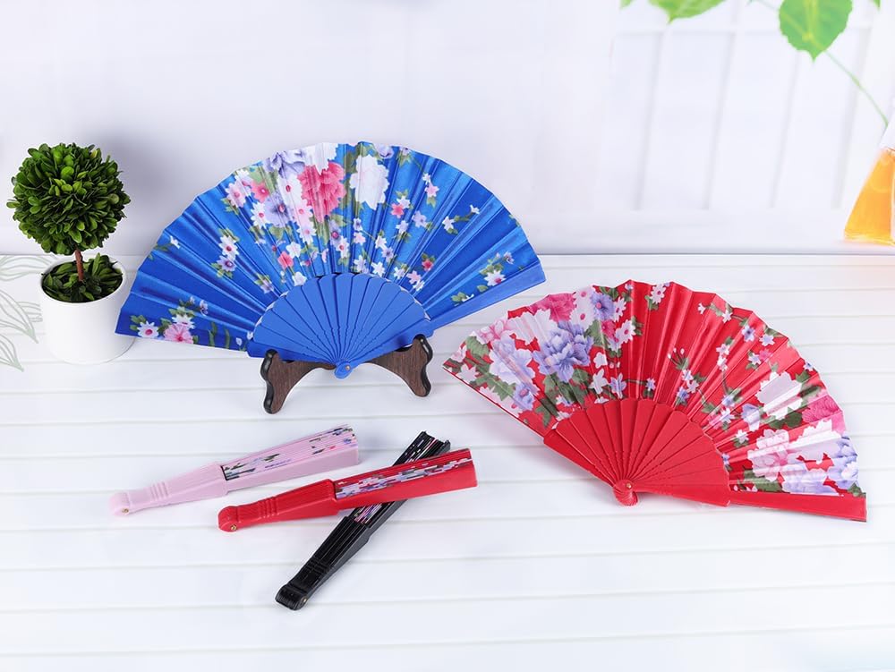 HUNANBANG 1 Dozen Oriental Flowers Japanese Folding Hand Fans Spanish Church Wedding Vintage Gift, Party Favors, DIY Decoration retro Gift Size 8 1/4" Wholesale (12pack)