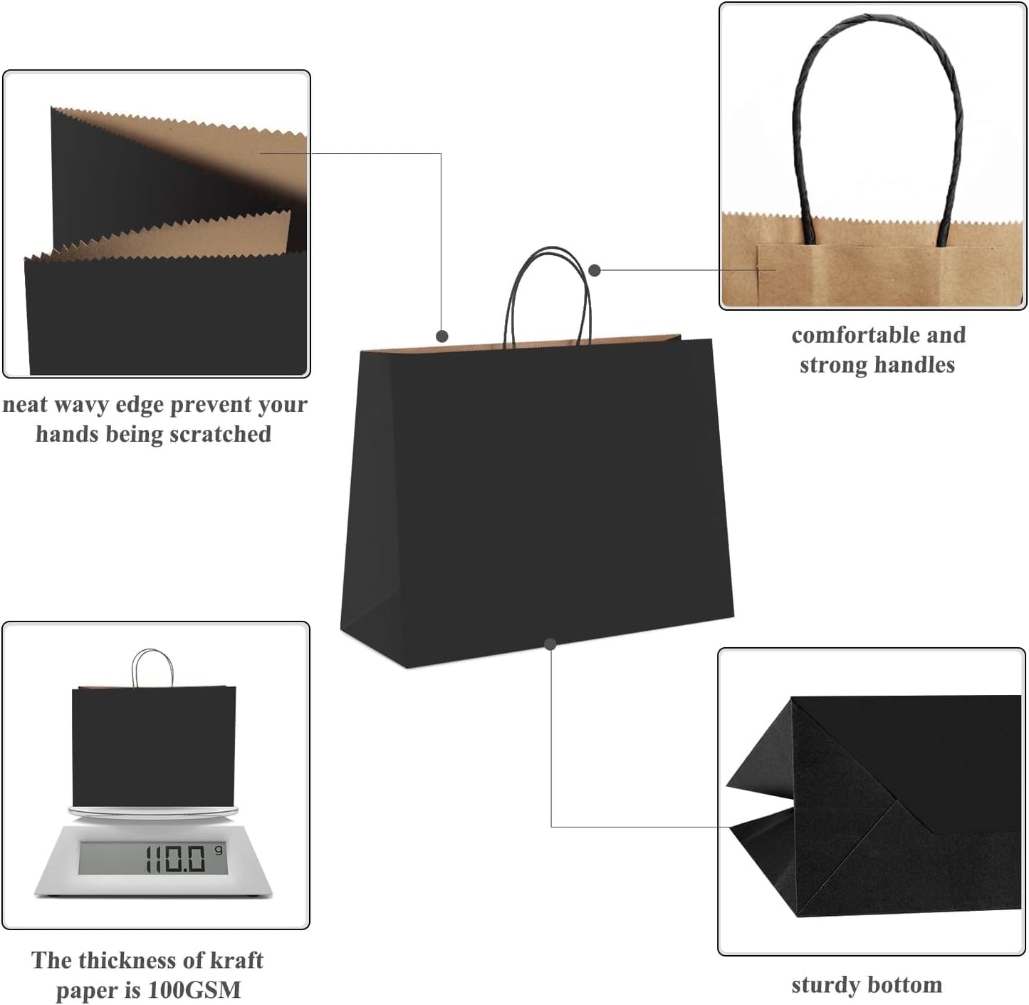 GSSUSA 16x6x12 Inches Large Paper Bags with Handles, 6000 Pack Black Paper Gift Bag, Recyclable Kraft Paper Shopping Bags for Small Business, Party Favor, Craft Bag for Boutique