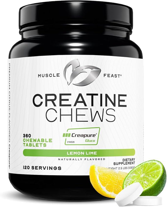 Muscle Feast Creatine Monohydrate Chewables - Vegan & Gluten-Free Creapure Creatine Chews for Men & Women - Delicious Citrus-Flavored Creatine Tablets for Muscle Building - Lemon Lime, 360 Tabs