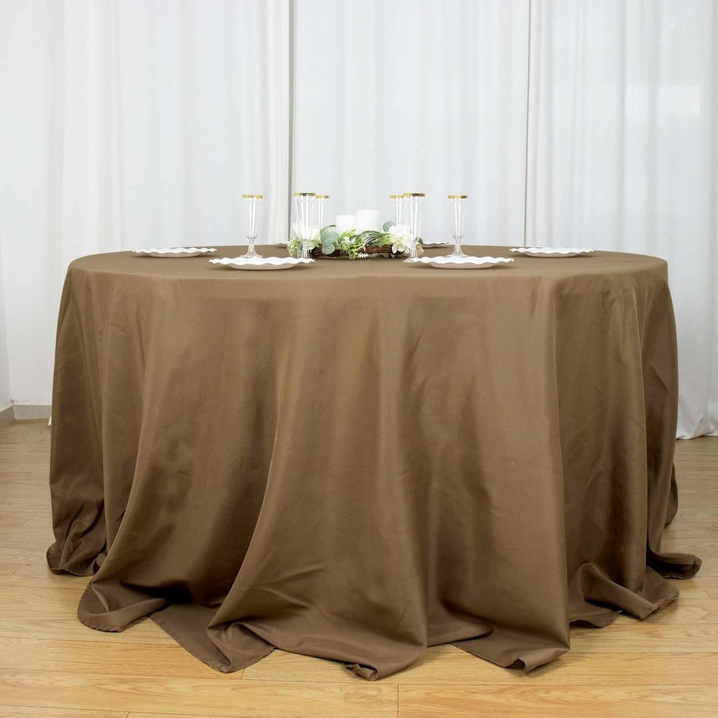 Efavormart Round Tablecloth, 132 Inch Stain & Wrinkle Resistant Washable Table Cloth, Decorative Polyester Fabric Table Cover for Banquet, Wedding, Dining- Taupe