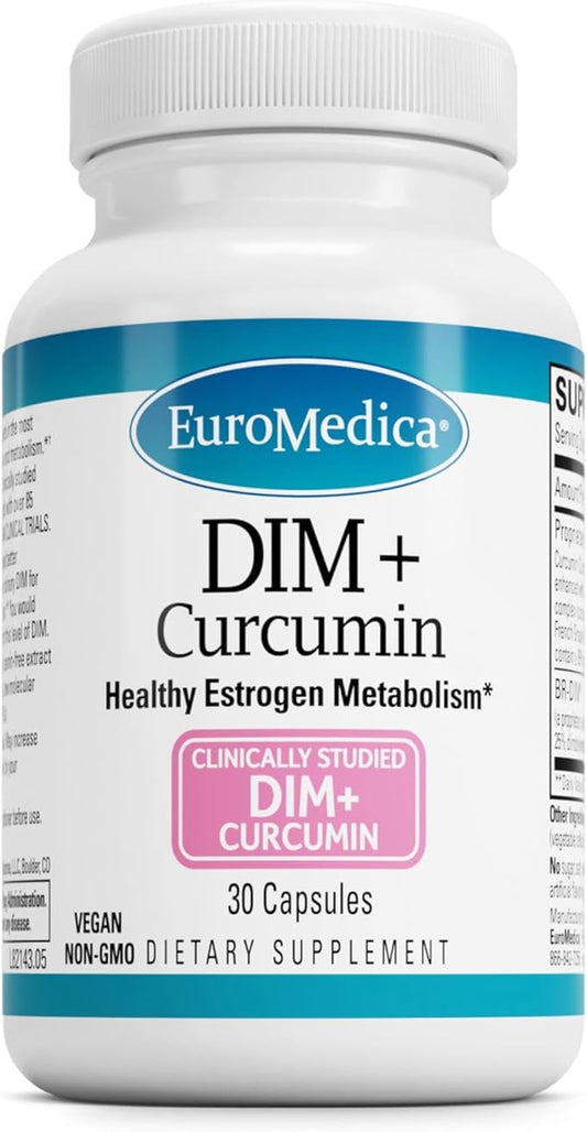 EuroMedica DIM + Curcumin - Estrogen Balance Support Supplement - Dietary Supplement with Curcumin & Grape Seed Extract - Turmeric Essential Oil for Healthy Metabolism Support - 30 Capsules