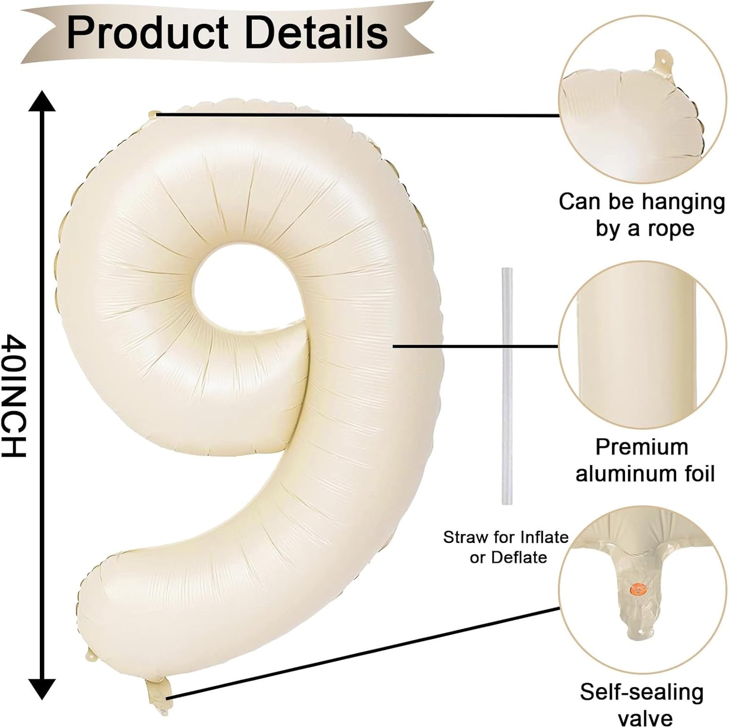 40 Inch Beige Numbers 9 Balloons, Large Self Inflating Cream White Digital 9 Helium Balloons, Giant Foil Mylar Number 9 Balloons for Women Men Girls Boys 9th Birthday Party Anniversary Decorations