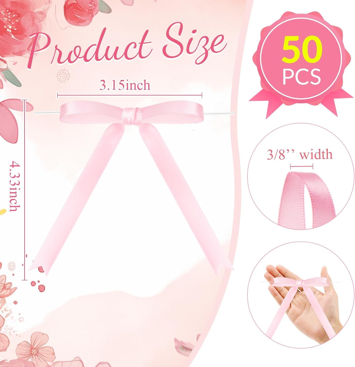 Riceshoot 50 Pcs Twist Tie Bows for Cake 3x4.5 Inch Satin Ribbon Bows for Gift Wrapping Treat Bags Craft DIY Wedding Baby Shower Birthday Party(Pink)