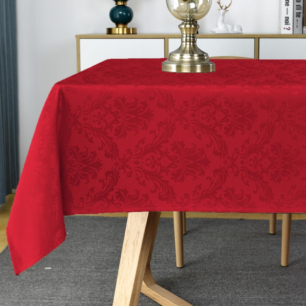 SASTYBALE Rectangle Jacquard Tablecloth, Damask Table Cloth SpillProof Wrinkle Resistant Tablecloths, Soft Polyester Oblong Table Cover for Kitchen, Dinner, Parties (Red, 52X70)