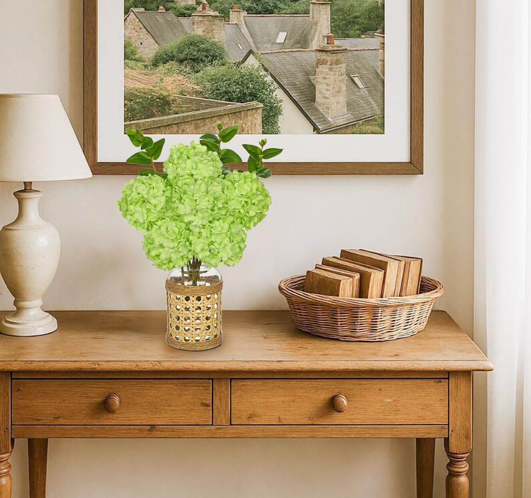 Hollyone Green Hydrangea Artificial Flowers in Woven Glass Vase with Faux Water Silk Hydrangeas Fake Flowers Floral Arrangement for Home Indoor Bathroom Kitchen Office Table Centerpiece Shelf Decor