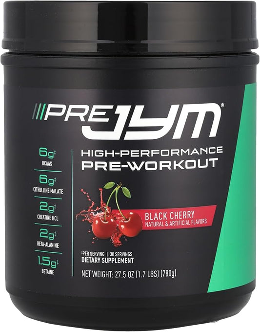 JYM Supplement Science Pre JYM Black Cherry Pre Workout Powder for Men & Women, BCAAs, Nootropics, Creatine HCI, Citrulline, Beta-Alanine, Betaine, Taurine, Huperzine, 30 Servings