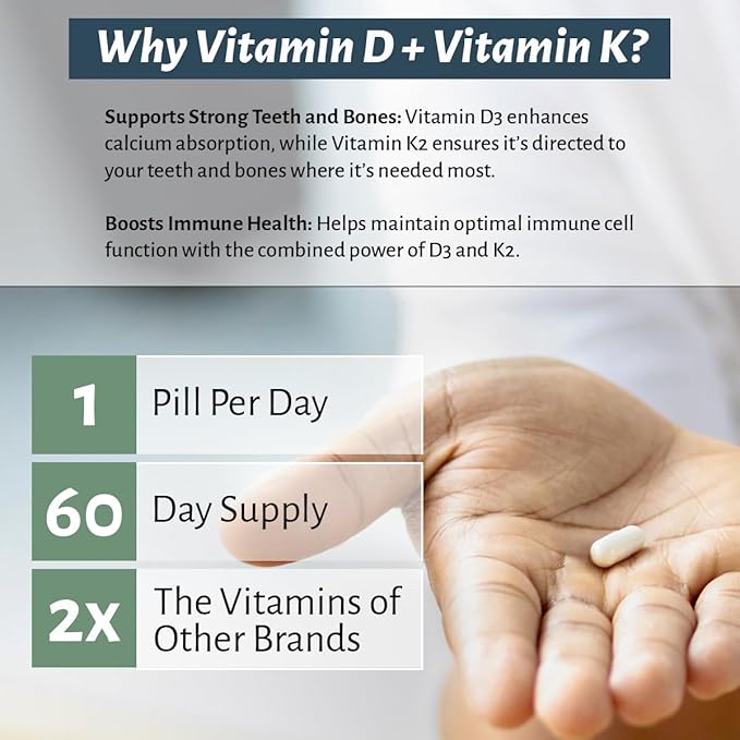 Vitamin D3 10,000 IU with K2 – Immune, Teeth, Bone Health Support, Non-GMO, Gluten & Dairy Free, 60 Day Supply, 60 Capsules