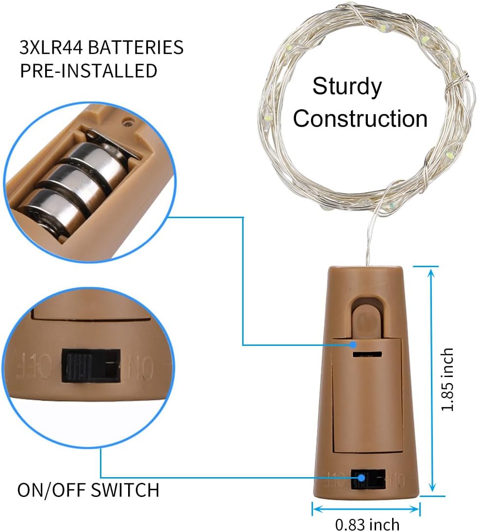 20 Pack Wine Bottle Lights with Cork Battery Operated 3.3ft 20 LED Silver Wire Cork Fairy Lights for Liquor Bottles,Jars,Crafts,Wedding,Party,Centerpieces,Table Decor,Warm White