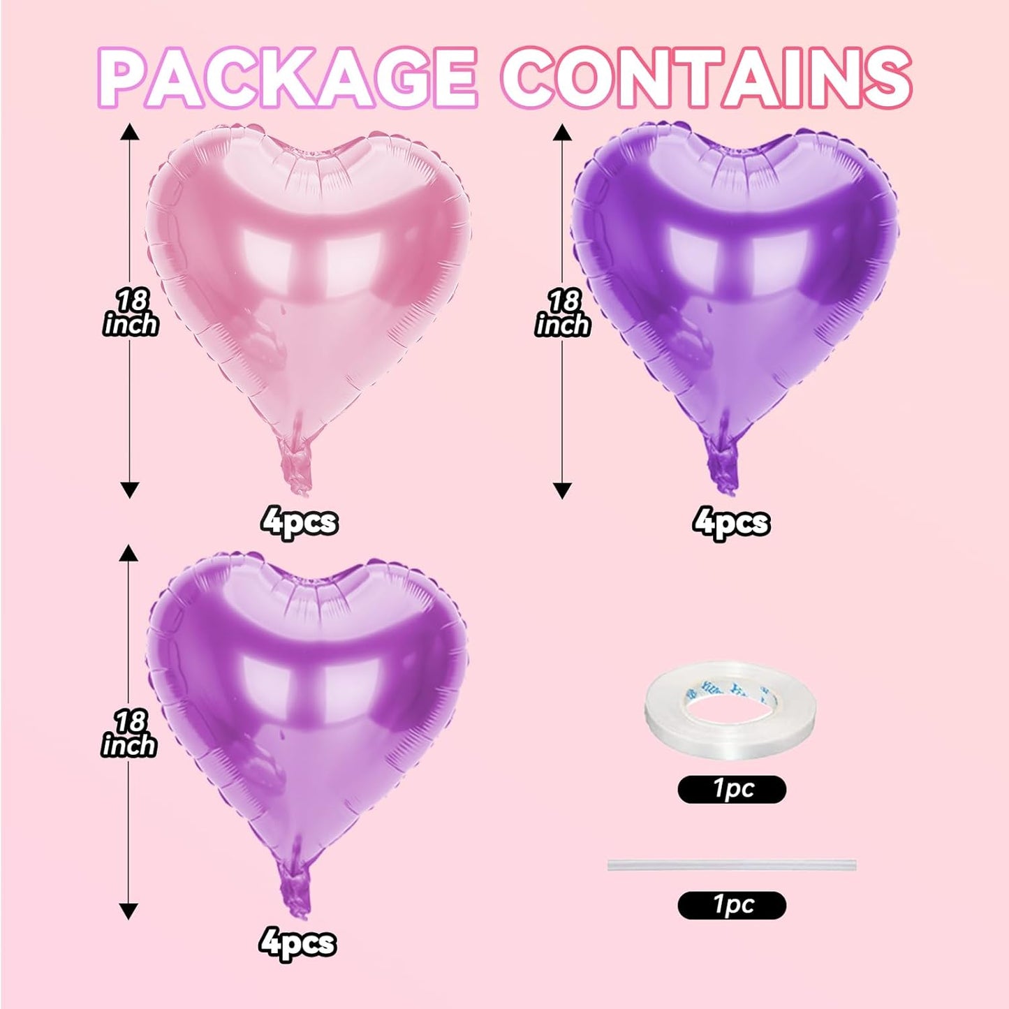 12 Pcs Heart Balloons, 18 inch Pink Purple Heart Shaped Balloon, Big Helium Foil Pink Purple Balloons for Wedding Baby Shower Anniversary Backdrop Valentine Women Girl Party Decoration