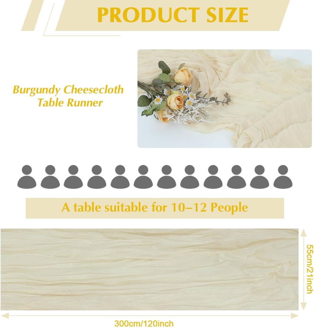 10 Pack Beige Cheesecloth Table Runner -21*120Inch Long Boho Wedding Table Decor, Rustic Gauze Fabric Runner for Bridal Showers, Baby Showers & Parties (Sheer, Lightweight, Wrinkled Design)