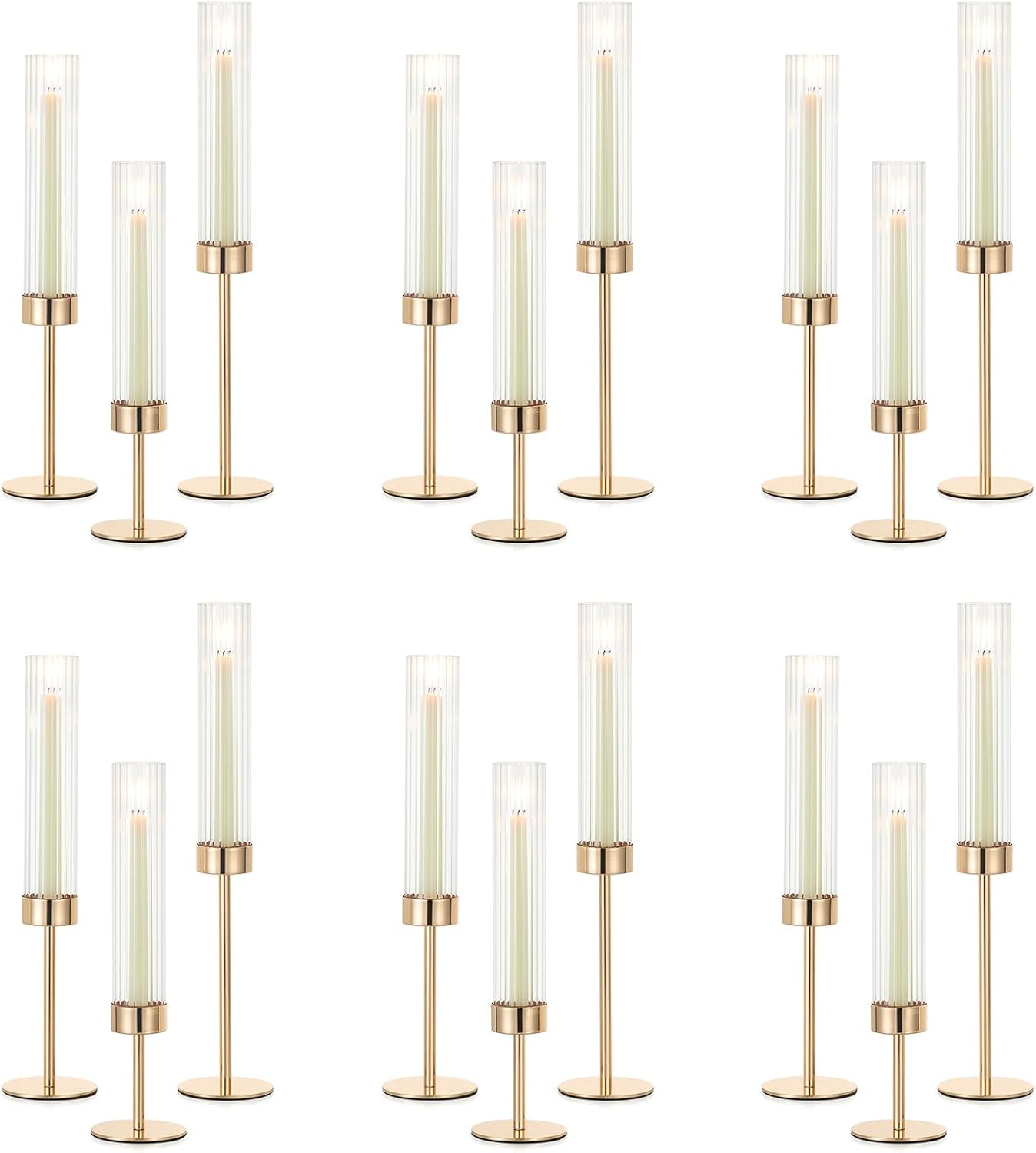 NUPTIO Hurricane Glass Candles Holder: 18 Pcs Gold Taper Candle Stick Holder Bulk - Modern Candlestick Decor with Tall Ribbed Chimney Sleeve for Thanksgiving Christmas Centerpiece