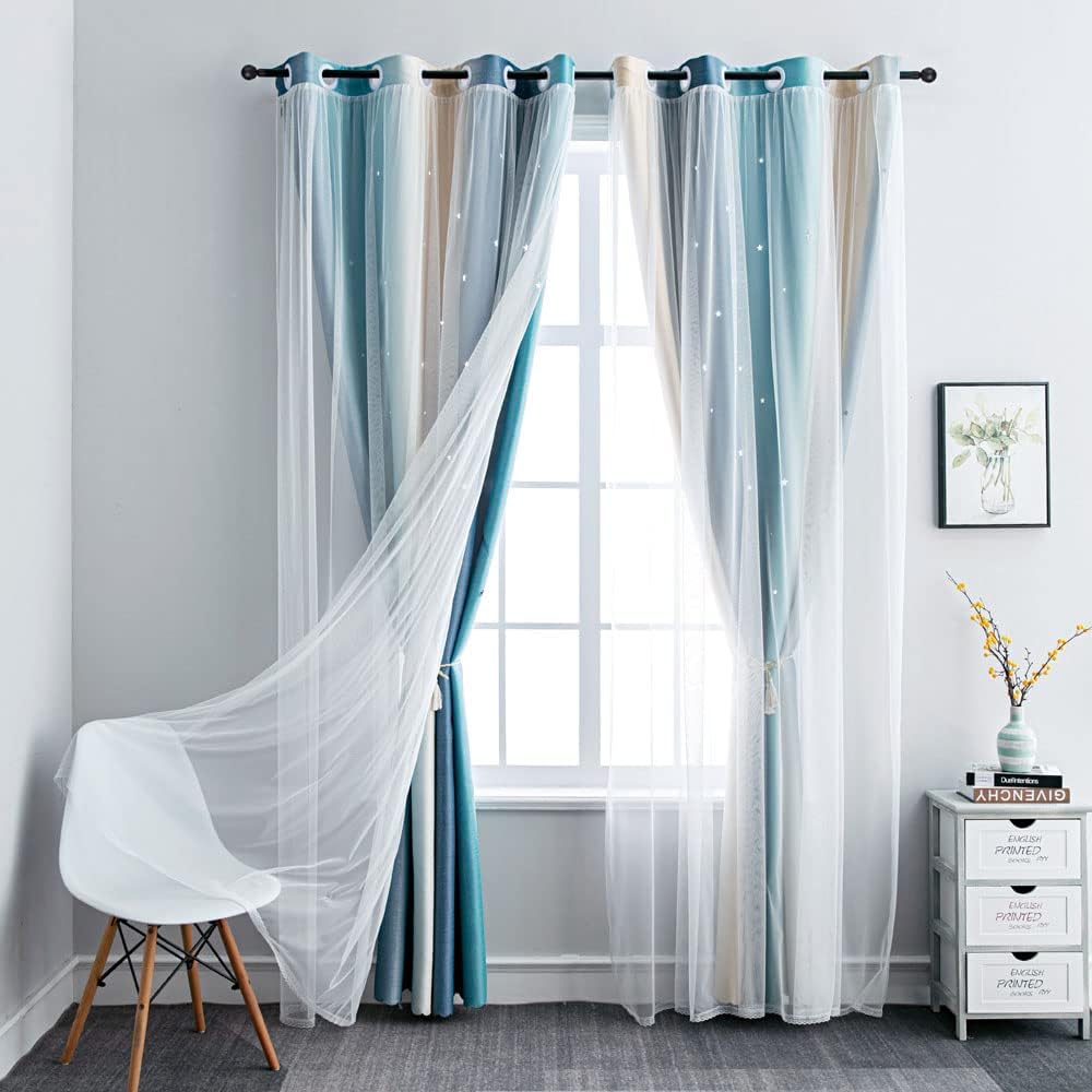 FANLI Ombre Rainbow Blackout Curtains for Kid Girls Bedroom Living Room Darking Stripe Double Layer Star Cut Out Wall Home Decor Gradient Grommet Window Curtains (Blue/Yellow, 52W x 72L)