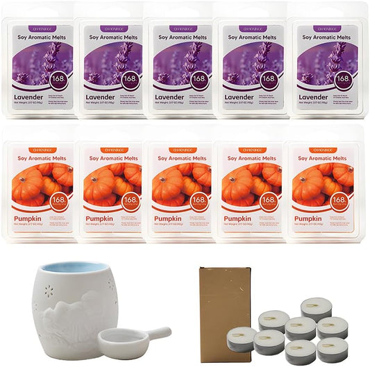 10-Pack Aromatherapy Wax Melts, Two Scent Combo | Wax Warmer & 8 Tealights Included | 90g (3.17 oz) per Pack | Eco-Friendly Soy Wax, 8 Scents (Cotton & Ocean Breeze) (Lavender & Pumpkin)