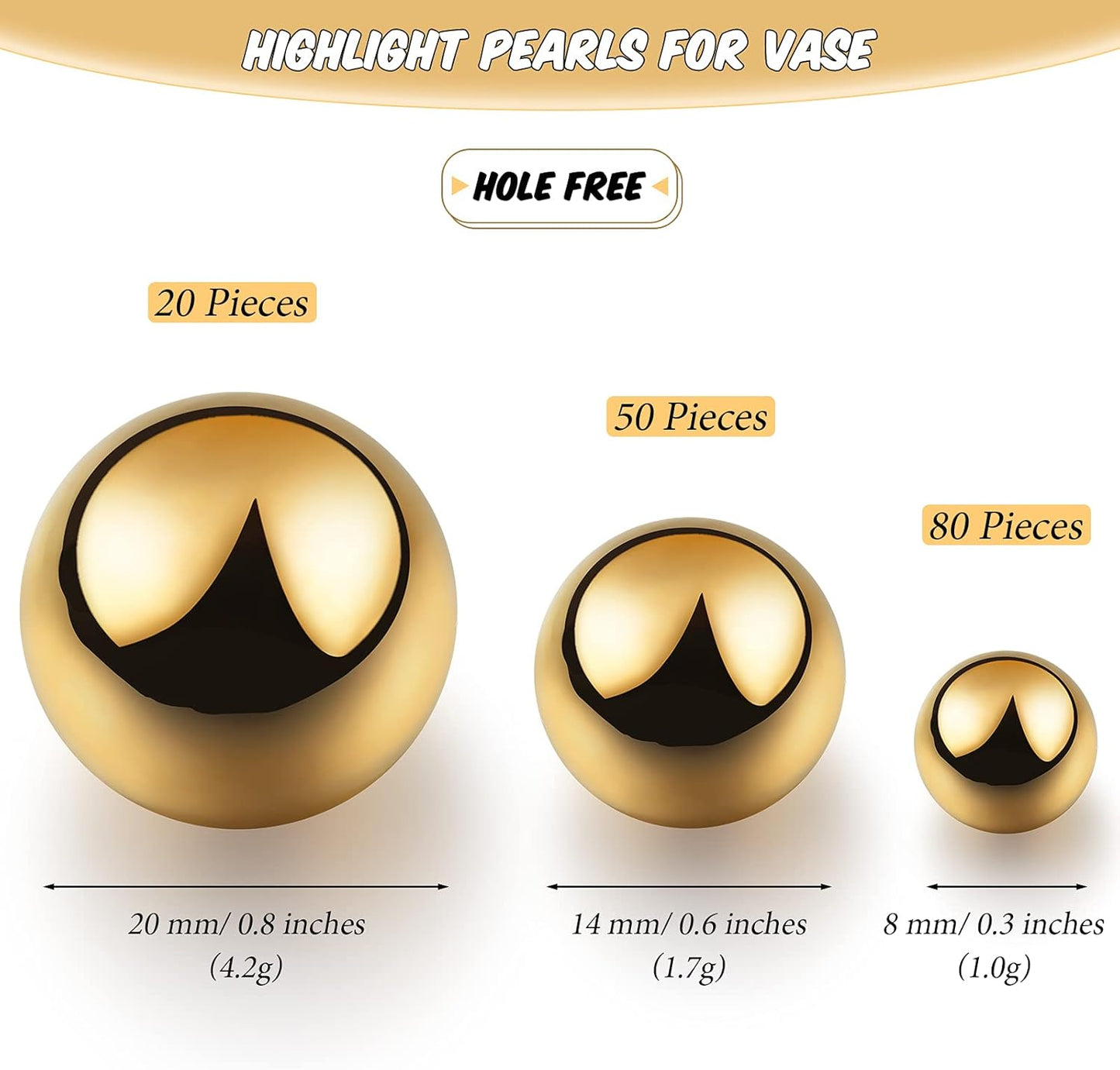 150 Pieces Vase Filler Faux Pearls Vase Makeup Beads No Hole Gloss Bead Mixed Sizes Round Pearl for Home Party Wedding Decor, 8/14/20 mm(Gold)