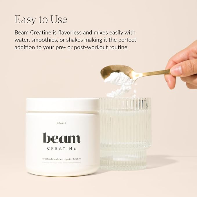 Beam Creatine Monohydrate Powder - Micronized Creatine for Muscle Growth, Strength, Endurance & Recovery - Unflavored, Fast-Dissolving, Workout Supplement for Men & Women, Keto & Vegan - 60 Servings