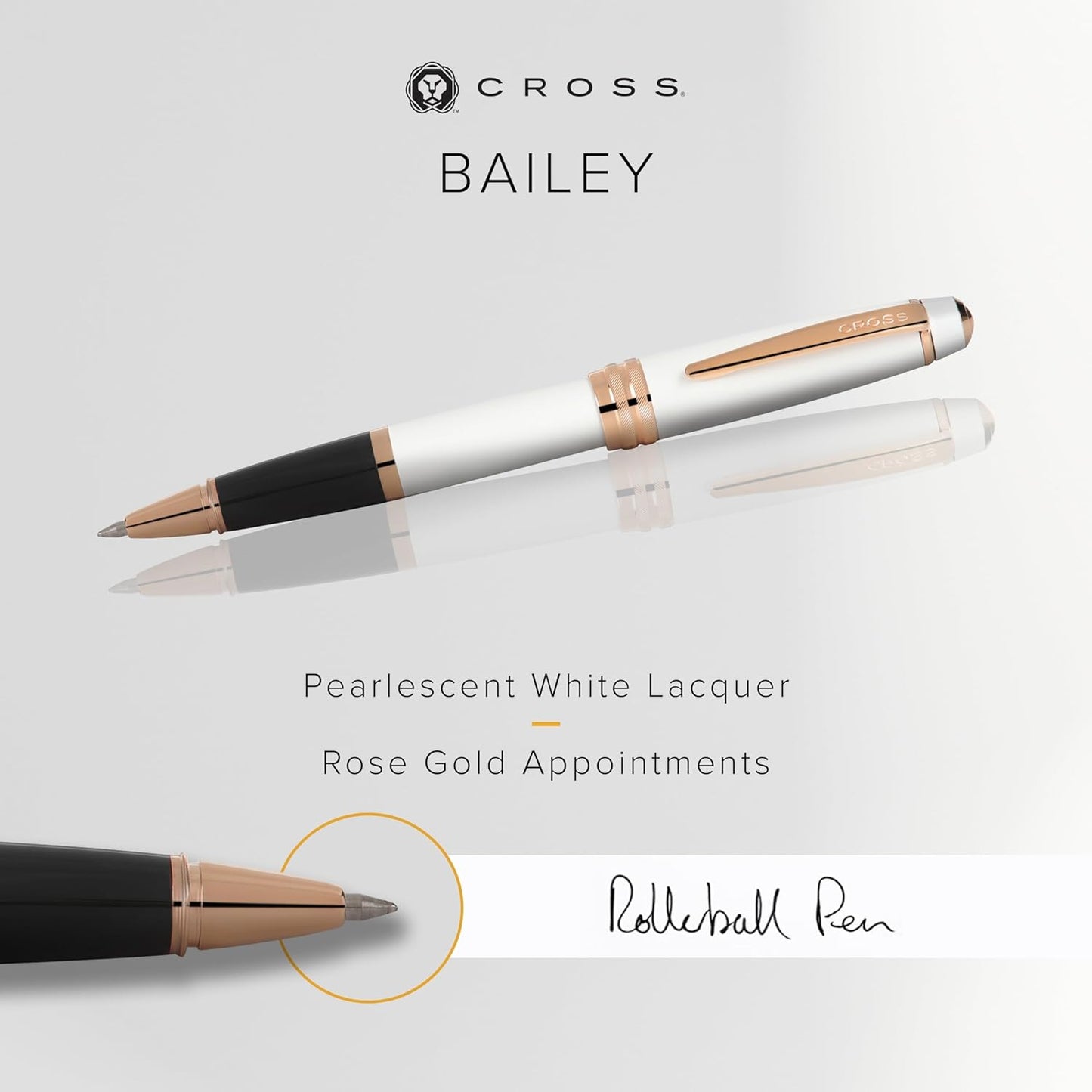 Cross Bailey Refillable Rollerball Pen Presented in a Premium Gift Box - Medium Point, Black Ink, White & Rose Gold