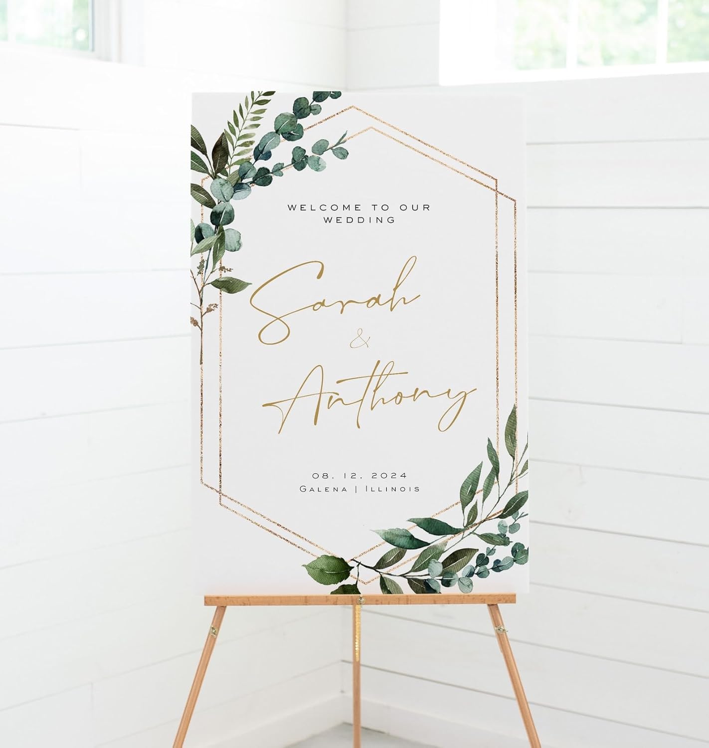 Personalized Wedding Welcome Sign, Greenery Modern Wedding Sign Signage 12" X 18" (Small), 27" (Medium), 36" (Large), Plastic, Modern, Pole Mount, Weather
