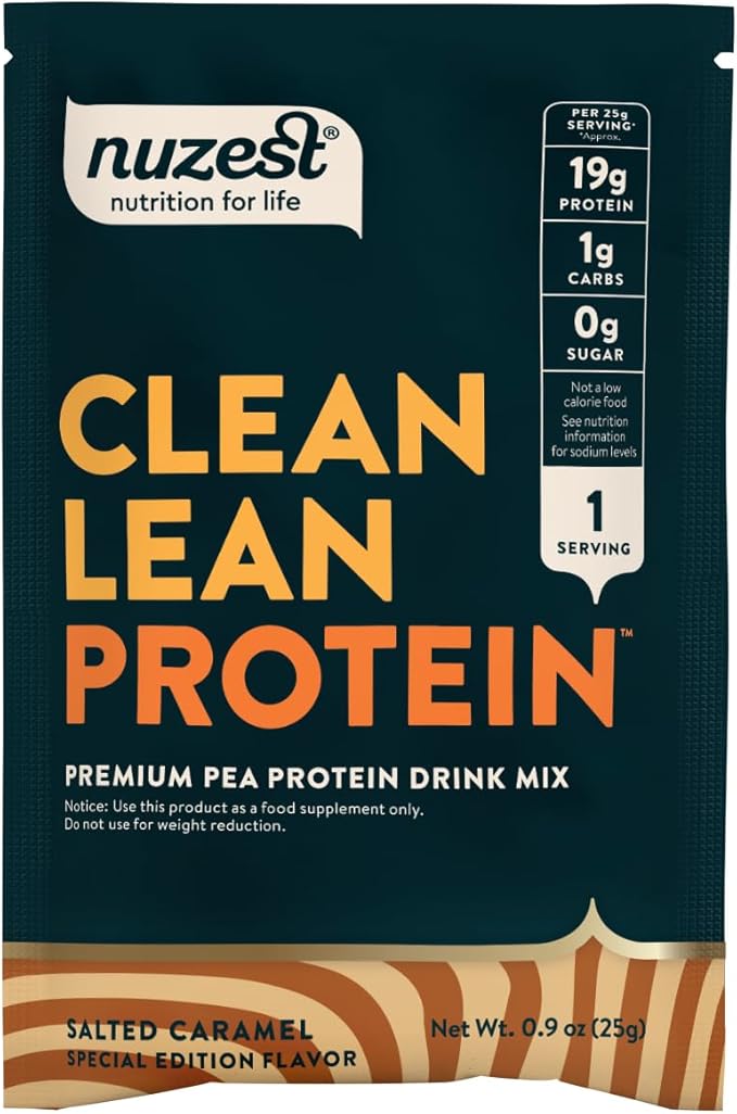 Nuzest - Pea Protein Powder - Clean Lean Protein, Premium Vegan Plant Based Protein Powder, Dairy Free, Gluten Free, GMO Free, Naturally Sweetened Protein Shake, Salted Caramel, 1 Serving, 0.9 oz
