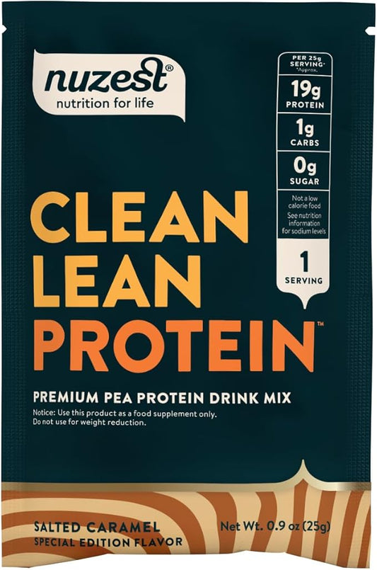 Nuzest - Pea Protein Powder - Clean Lean Protein, Premium Vegan Plant Based Protein Powder, Dairy Free, Gluten Free, GMO Free, Naturally Sweetened Protein Shake, Salted Caramel, 1 Serving, 0.9 oz