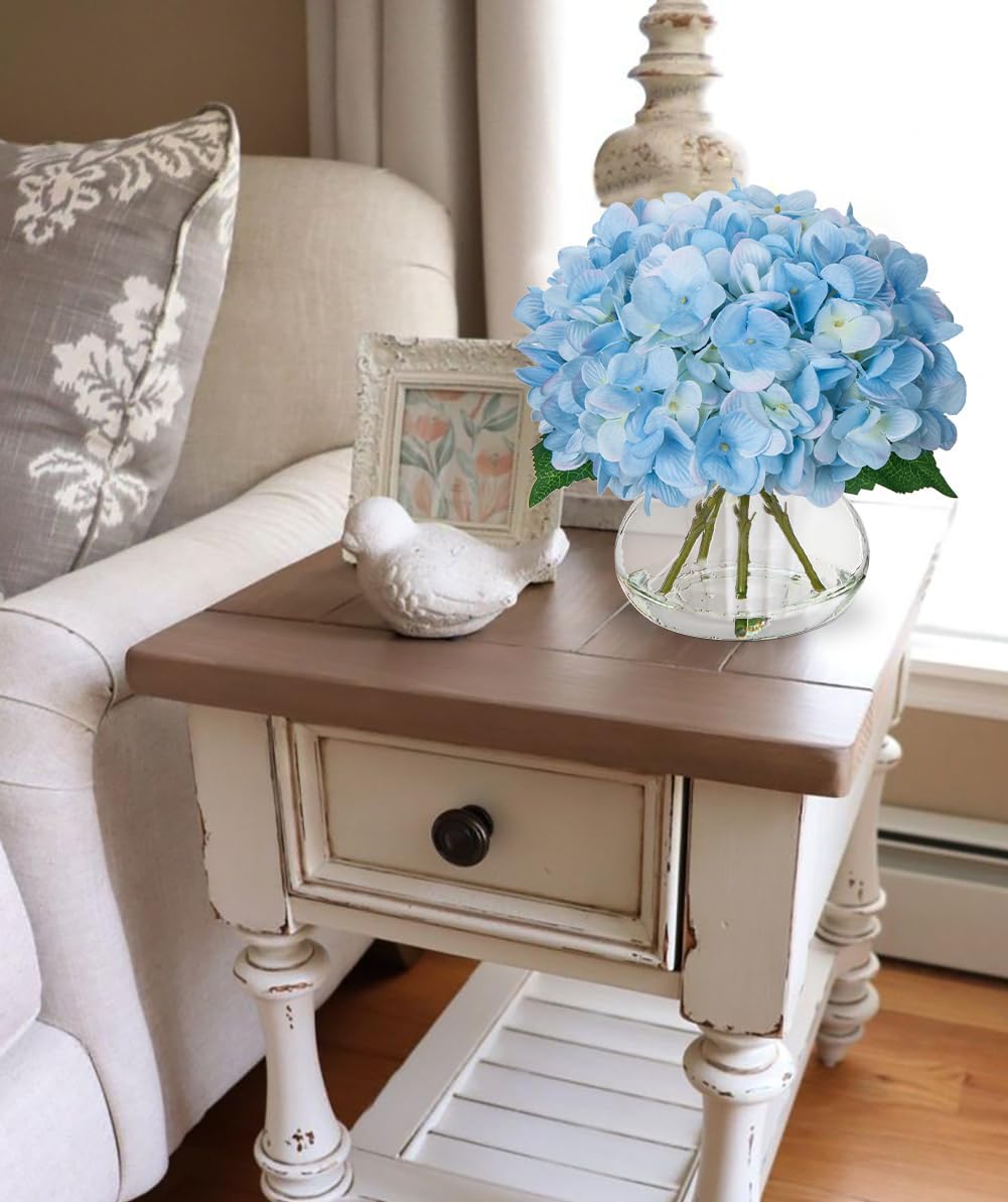 Hollyone Hydrangea Artificial Flowers with Vase Blue Silk Fake Flowers Arrangements in Glass Vase with Faux Water Faux Floral Bulk Bouquet for Home Decor Bathroom Table Centerpiece Shelf Decorations