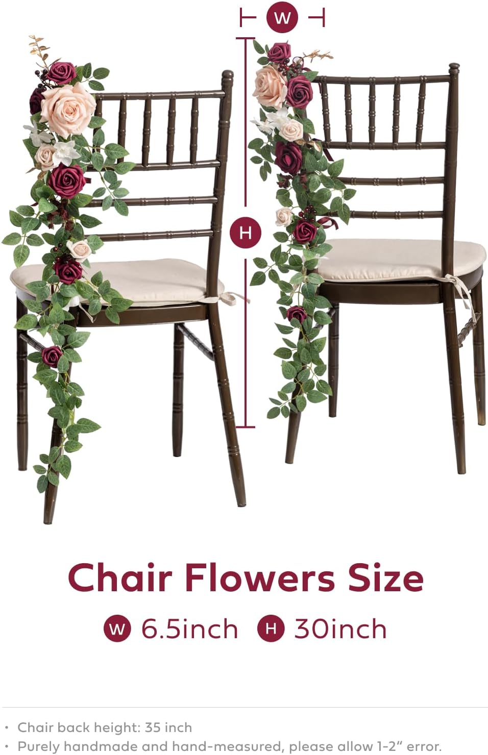Ling's Moment Fall 10pcs Wedding Chair Decorations Aisle Floral Swag Artificial Pew Flowers Hanging Garland Marsala & Blush for Ceremony Reception Church Rose Floral Arrangement Party Outdoor Decor