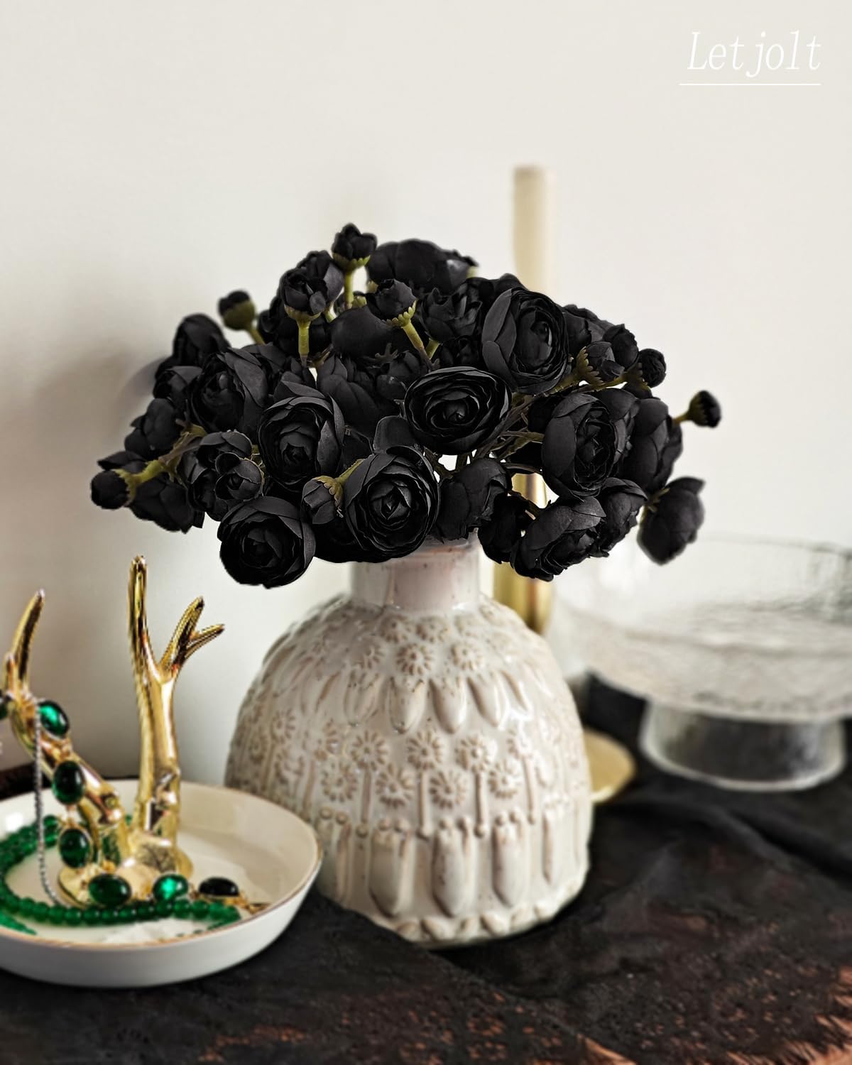 Letjolt Ranunculus Artificial Flower 18 Pcs Black Silk Ranunculus Wedding Bouquet Engagement Centerpieces Arrangements Bridal Shower Decorations Home Decor, Black