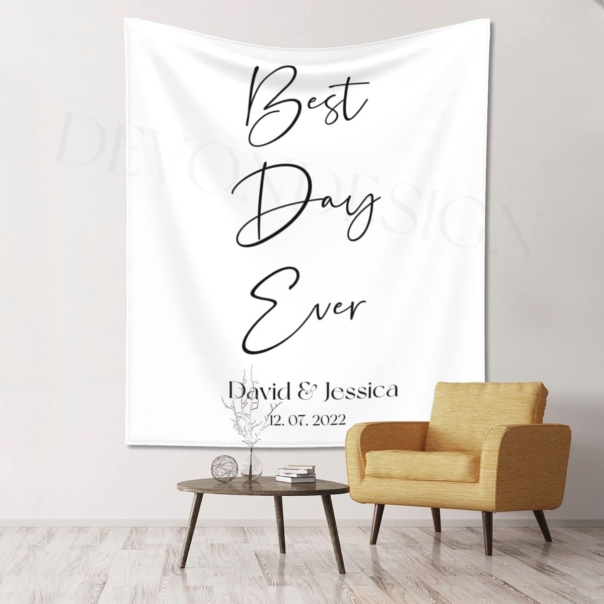 Best Day Ever Backdrop - Custom Tapestry with Names & Date, Personalized Calligraphy Banner for Ceremony & Reception, Rustic Wedding Sign