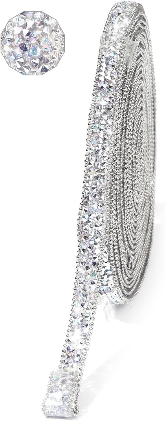 Rhinestone Ribbon 6 Yards Self Adhesive Rhinestone Strips Diamond Ribbon Sticker Crystal Roll Glitter Bling Rhinestones Tape for Crafting DIY Art Decoration (Silver AB,0.4 Inch)