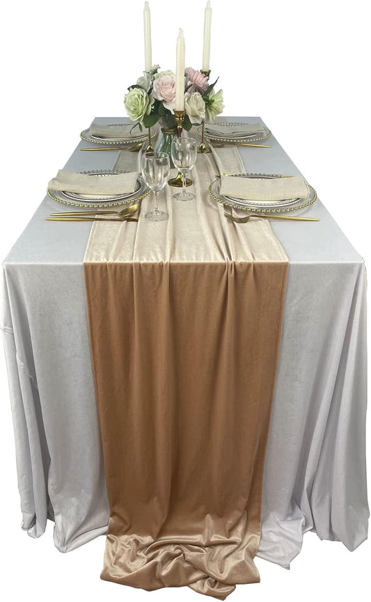Luxurious Velvet Table Runner, 10ft Wedding Reception Decorations, 20x120inch Soft Velvet Fabric, Table Linen Overlay, Wedding Table Runners (Champagne, 20X120inch)