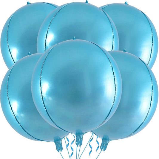 6 Pack Pearl Blue 22 Inch 4D Foil Balloons Big 360 Degree Round Sephere Mylar Balloons Mirror Finish Metallic Balloons for Wedding,Birthday,Bachelorette,Baby Shower Decorations Party Supplies