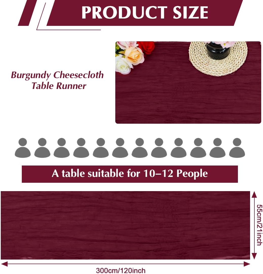 Wine red Cheesecloth Table Runner -21*120Inch Long Boho Wedding Table Decor, Rustic Gauze Fabric Runner for Bridal Showers, Baby Showers & Parties (Sheer, Lightweight, Wrinkled Design)