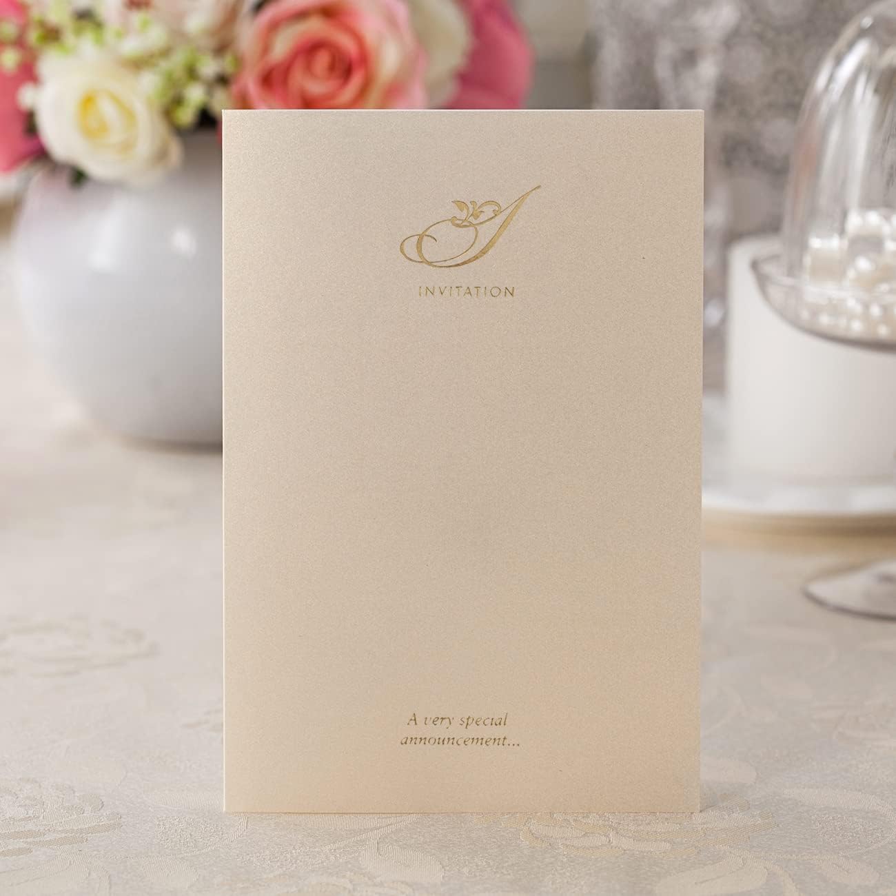 Hosmsua 50PCS Customized Ivory Wedding Invitations Kit 5.12x7.2 Inch Laser Cut Gold Foil Hollow Flora Lace Sleeve Pocket Wedding Quinceanera Invitation with Envelopes