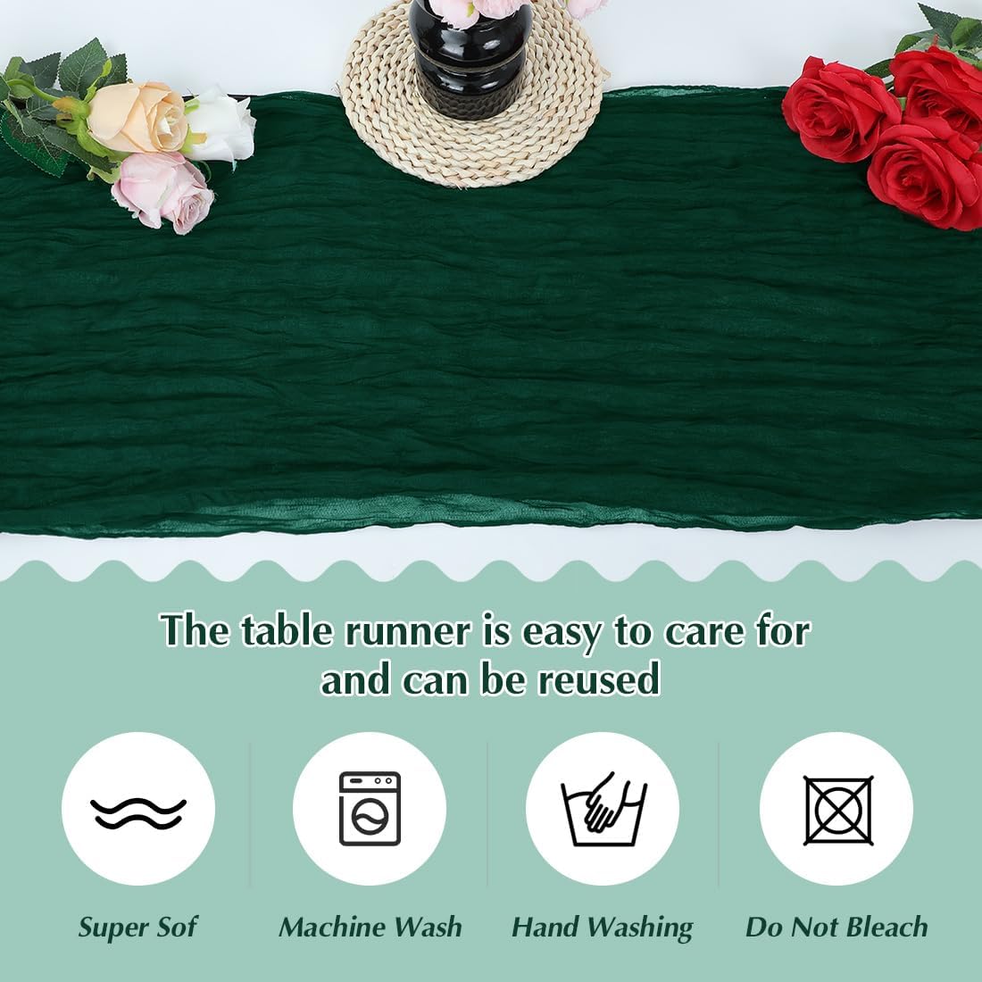 Blackish Green Cheesecloth Table Runner -21*120Inch Long Boho Wedding Table Decor, Rustic Gauze Fabric Runner for Bridal Showers, Baby Showers & Parties (Sheer, Lightweight, Wrinkled Design)