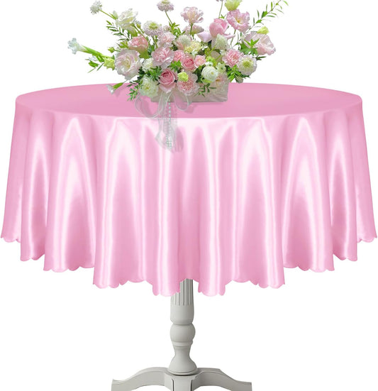 KKJIAF 1 Pack Round Table Cloths 90 Inch, Light Pink Overlay Round Satin Table Cover, Silky Satin Dining Tablecloths for Wedding Buffet Parties Banquet Decoration
