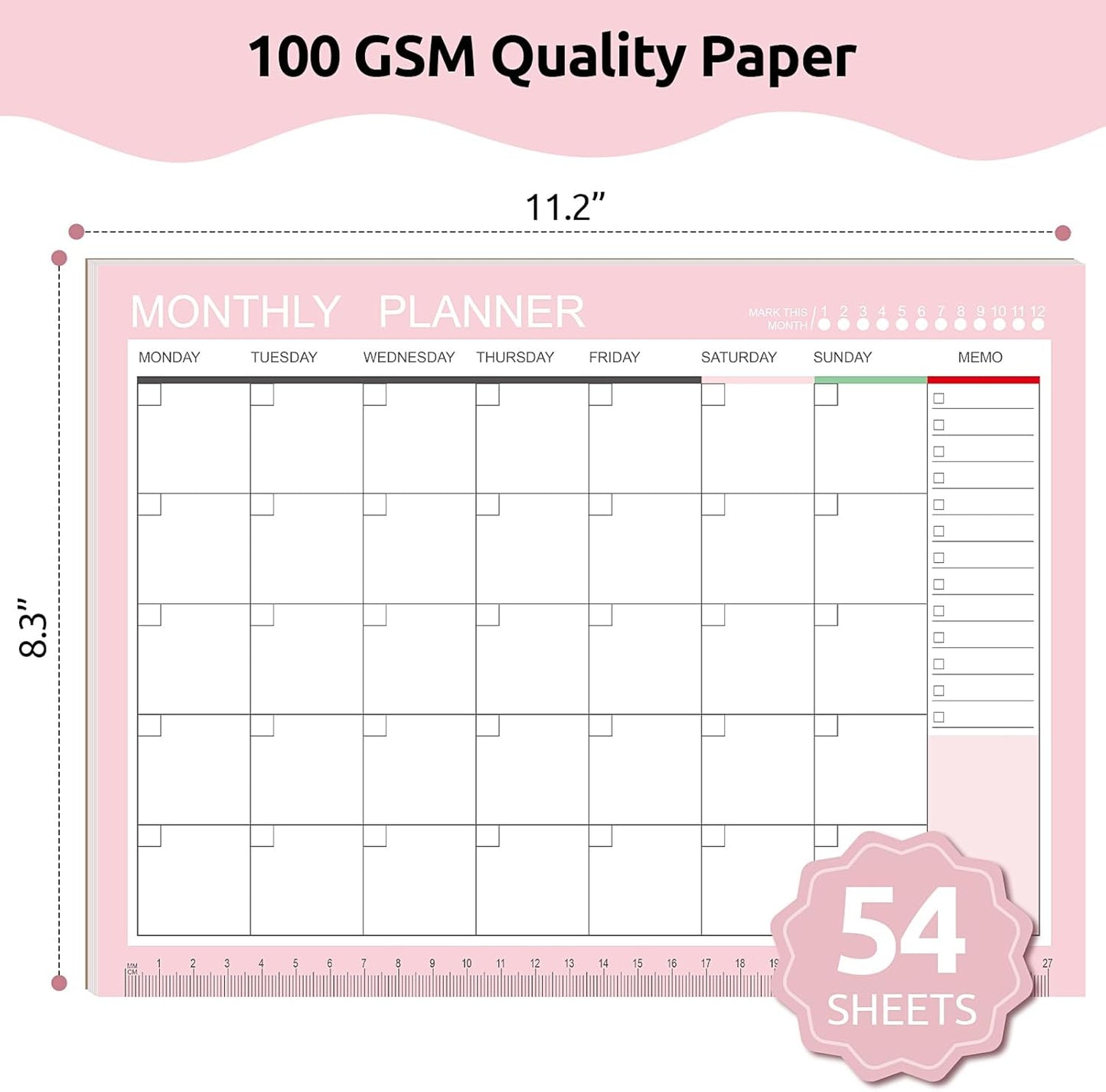 Phyxin Undated Planner, 54 Sheets Blank Calendar, 11.2" x 8.3" Monthly Calendar Planner, Tear Off Undated Monthly Planner with Memo for Women, Students, Teachers, Pink