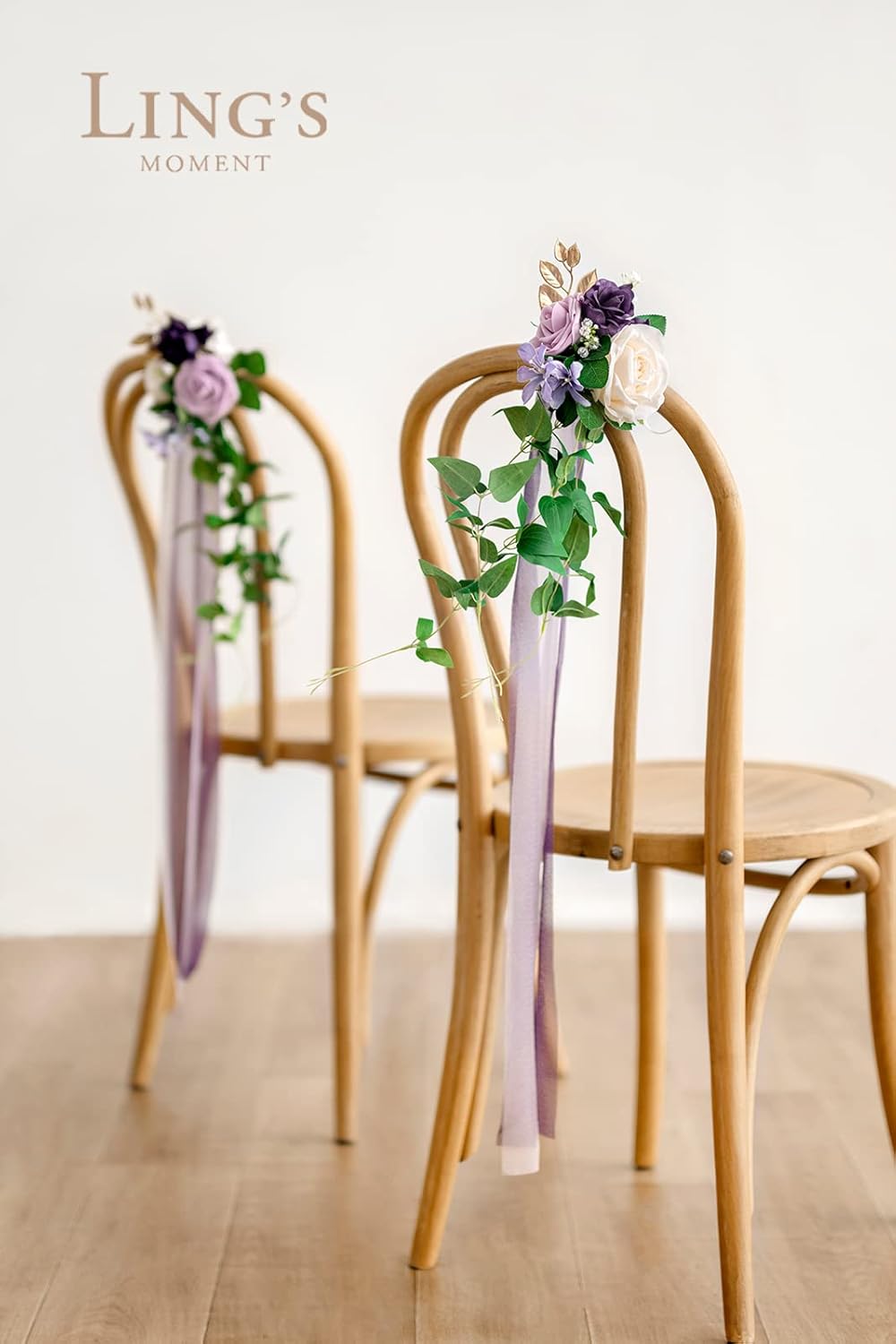 Ling's moment 8pcs Wedding Artificial Aisle Pew Flowers Chair Decorations Arrangements with Chiffon Ribbons Lilac Purple Gold for Ceremony Chair Back Floral Decor Reception Church Party Outdoor